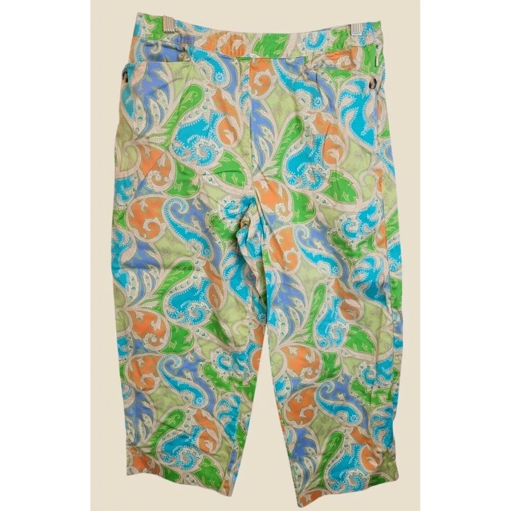 Vtg Talbots Capri Pants Paisley Print Stretch Cropped Trousers Green Blue 12 P